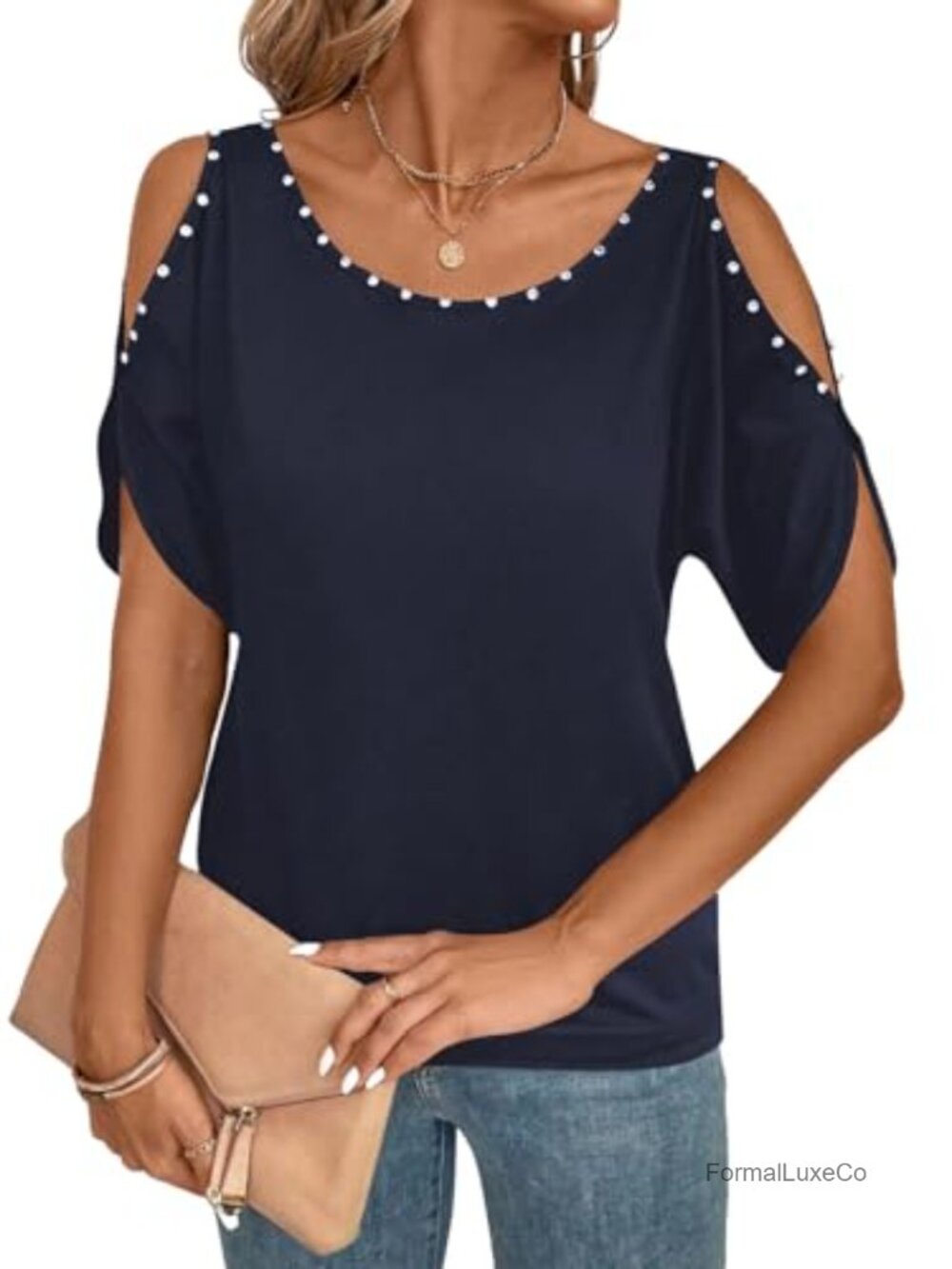 Cold Shoulder Beaded Pearl Blouse Top Elegant Dressy Going Out